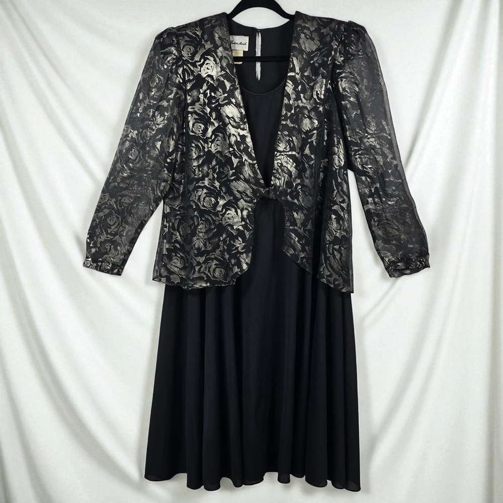 Boston Maid Vintage Black & Silver Floral Dress Attached Jacket‎ Woman 14W 1980s